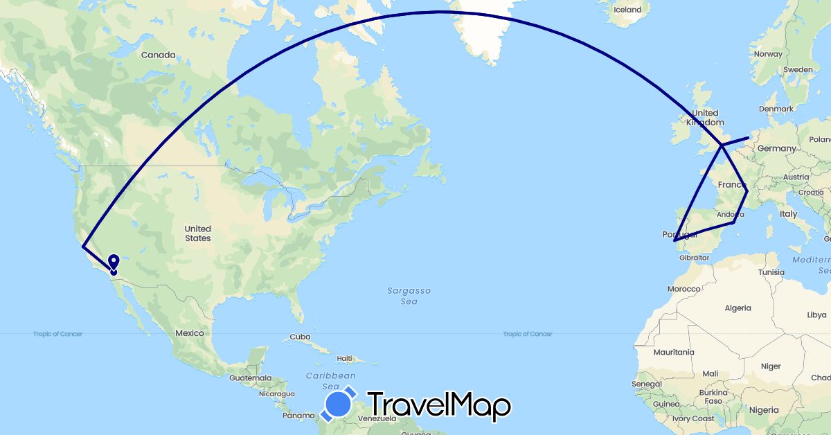 TravelMap itinerary: driving in Spain, France, United Kingdom, Netherlands, Portugal, United States (Europe, North America)